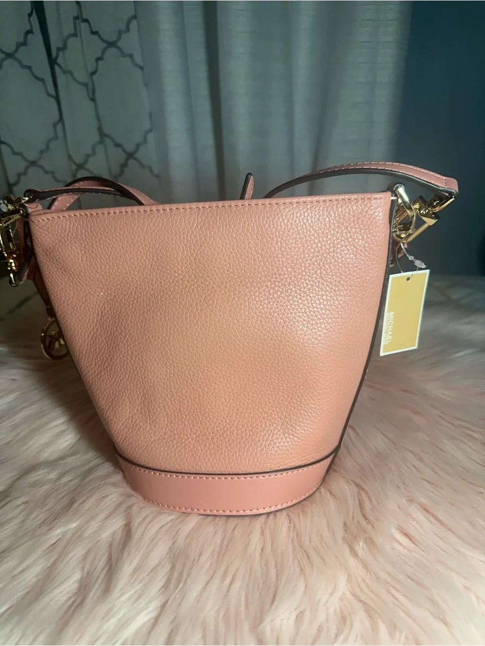 Michael Kors Rose Pink Leather Bucket Shoulder Bag with MK Charm